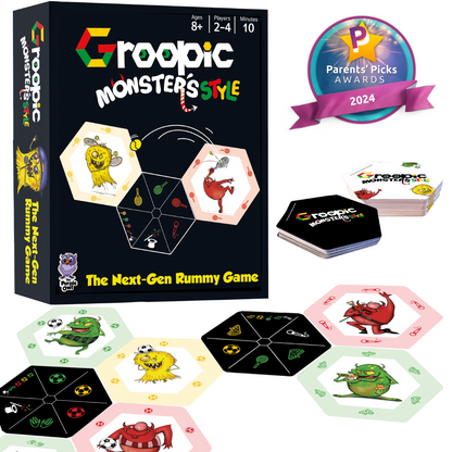 Groopic Monsters Style–  award winning, fun, fast-paced card game for kids ages 8-12 and adults
Groopic Monster's Style is an ingenious twist on the classic rummy game mechanic. It combines a card grouping strategy with a wonderfully whimsical monster theme.
Instead of sets and runs, players collect groups of hexagonal Monster Cards around central Groopic Cards depicting monster activity symbols. Rearrange groups strategically to be the first to get rid of all your cards!
