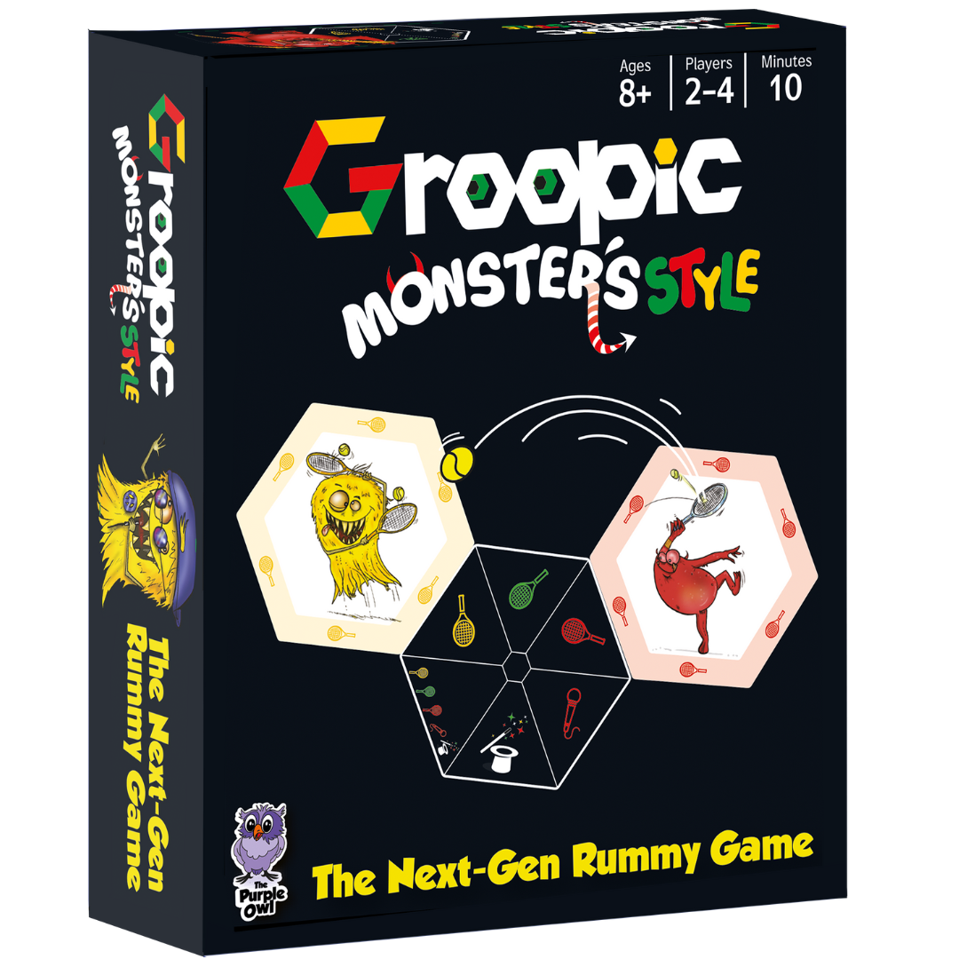 The Purple Owls Games, Groopic Monsters Style– award-winning, fun, fast-paced card game for kids ages 8-12 and adults
Groopic Monster's Style is an ingenious twist on the classic rummy game mechanic. It combines a card grouping strategy with a wonderfully whimsical monster theme.
Groopic Monster's Style comes in a compact box and is a great game to play on vacations, camping, and any social gathering with kids. The game contains 36 Monsters cards, 18 Groopic cards, and two wildcards. 