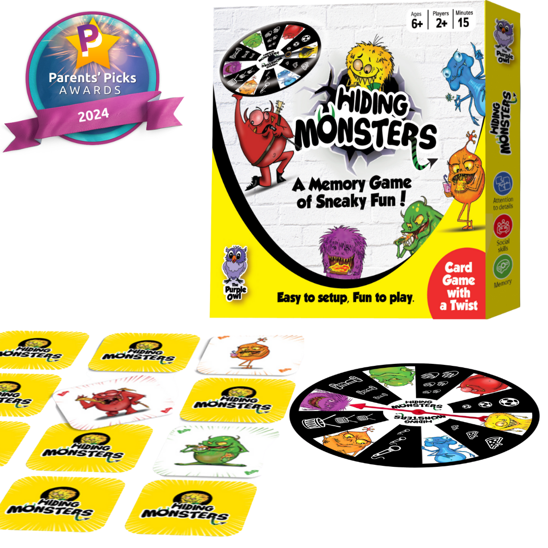 The Purple Owl Games - Hiding Monsters is a unique award winning memory card game for kids ages 8-12 and 4-8.  Hiding Monsters game with a spinner wheel is a fun matching game for kids. It is easy to learn, with no reading required. It comes in a compact box and is a great game to play on vacations, camping, and any social gathering with kids. Including 36 big colorful cards and a spinner wheel.
