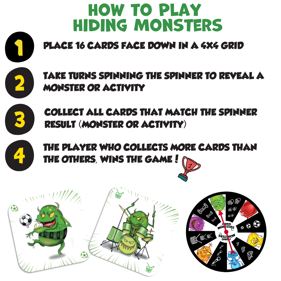 How To Play Hiding Monsters
1. Place 16 cards face down in a 4X4 grid
2. take turns spinning the spinner to reveal a monster or activity
3. use your sharp memory to find and collect all cards that match the spinner result (monster or activity)
4. the player who collects more cards than the others wins the game!
Hiding Monsters - a memory matching game for kids ages six and 
up.