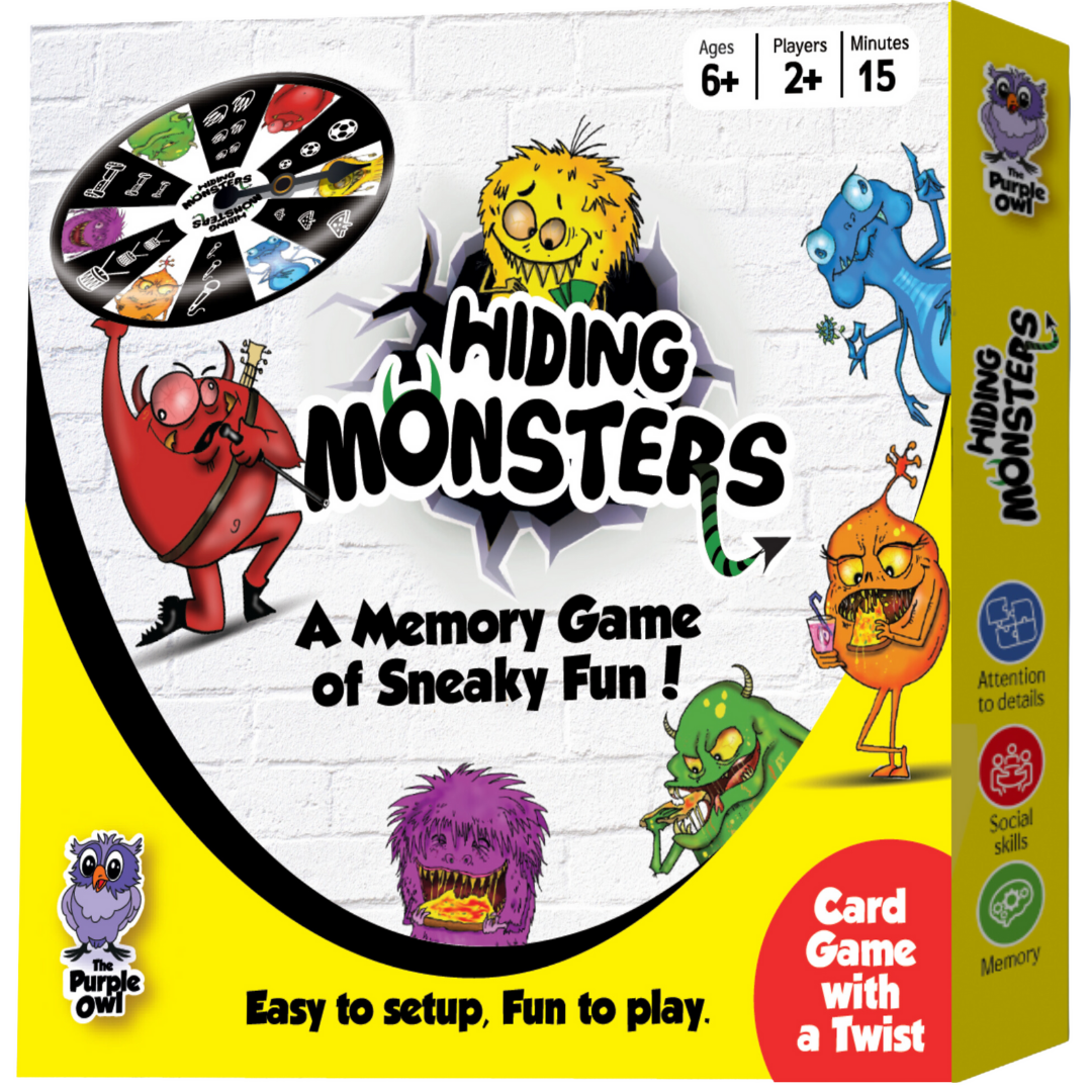 Hiding Monsters is a unique memory card game for kids ages 8-12 and 4-8.  Hiding Monsters game with a spinner wheel is a fun matching game for kids. It is easy to learn, with no reading required. It comes in a compact box and is a great game to play on vacations, camping, and any social gathering with kids. 