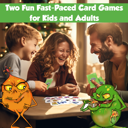 A family playing Speedy Monsters. It is a game that contains two fun fast-paced card games for kids and adults.
Two monsters are at the pictures - Potata the orange monster and Flitzi the green one.
Speedy Monsters is a fun game for family night.