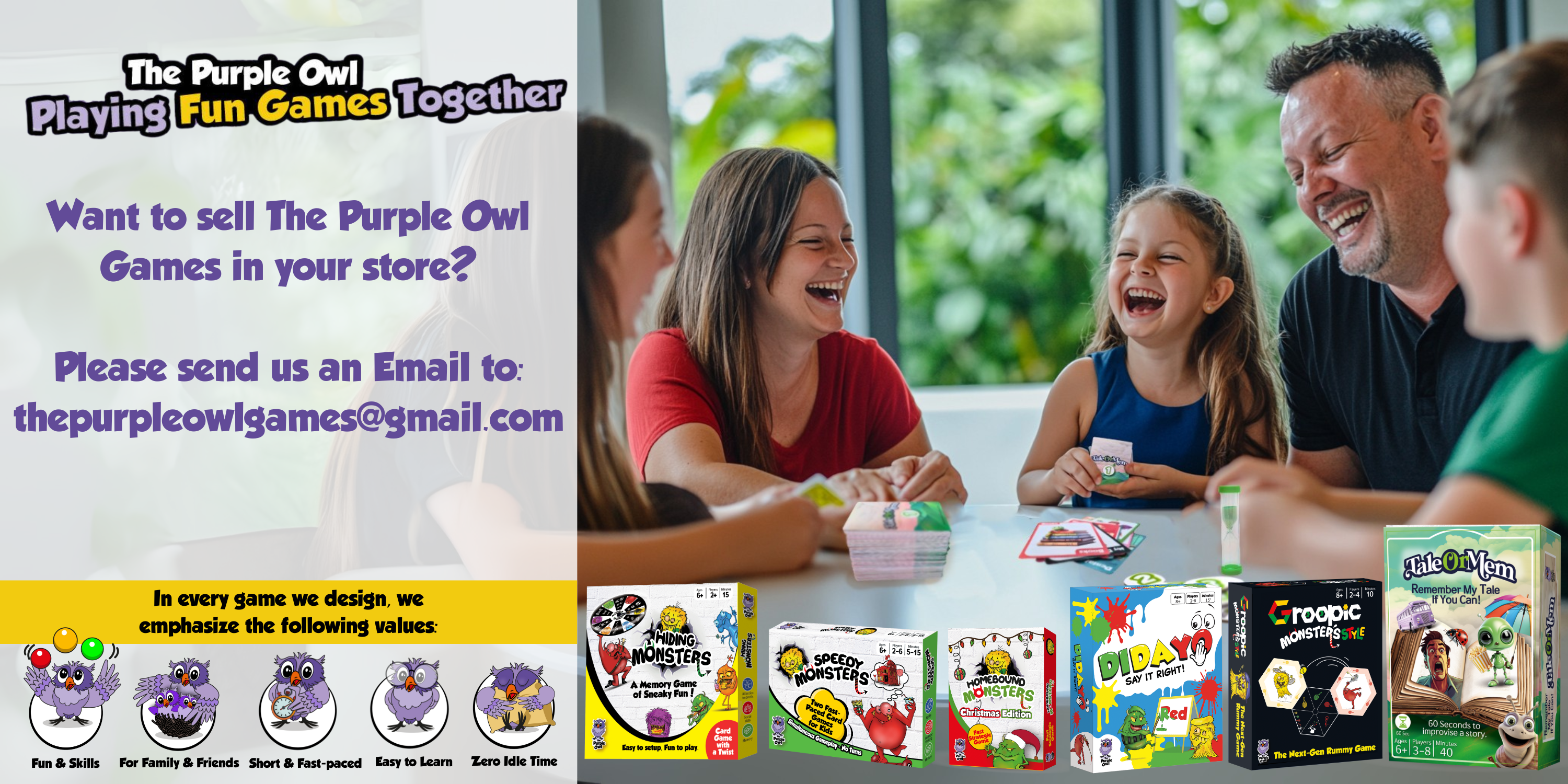 All card games of The Purple Owl for retailers to choose from. In the background see a family laughing and playing TaleOrMem the party game of storytelling and memory challenges.