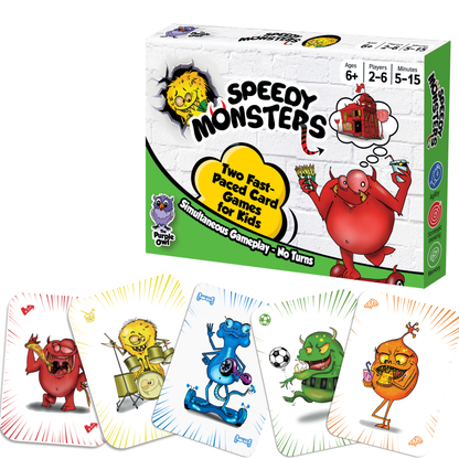 The Purple owl Speedy Monsters – fun, fast-paced card game for kids ages 8-12 and 4-8.
Two fast-paced card games for kids.
No more waiting for turns - everyone plays simultaneously! No reading is required! Easy to learn.
Kids card games for family game night, birthday gifts, and any social gathering
