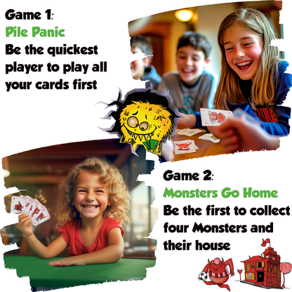 Speedy Monsters – fun, fast-paced card game for kids ages 8-12 and 4-8
Two fast agility games in one box! No more waiting for turns - everyone plays simultaneously! No reading is required! Easy to learn.
Game 1: Monsters Go Home 
Engage in a thrilling race to gather four monster cards of the same type and their corresponding house. 
Game 2: Pile Panic
A spectacular version of the well-known card game Speed. The goal is to be the fastest player to play all your cards by matching the monster or the activity.