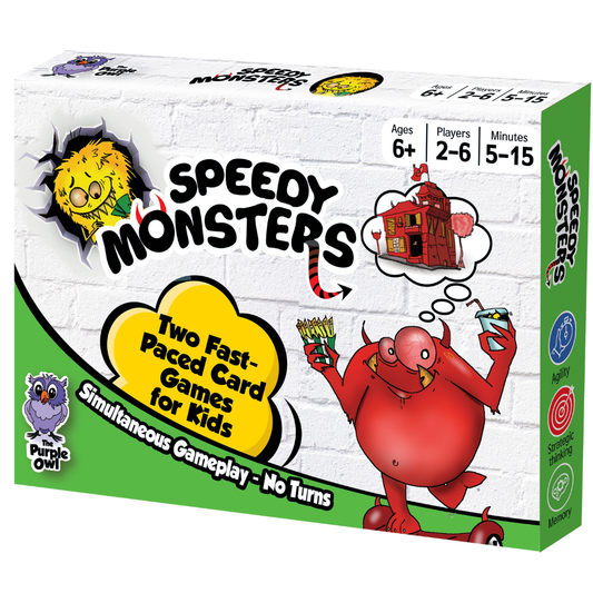 Speedy Monsters is a fast-paced card game for kids ages 8-12 and 4-8.  Speedy Monsters game contains two fun, easy-to-learn games, no reading required and without turns. It comes in a compact box and is a great game to play on vacations, camping, and any social gathering with kids. 