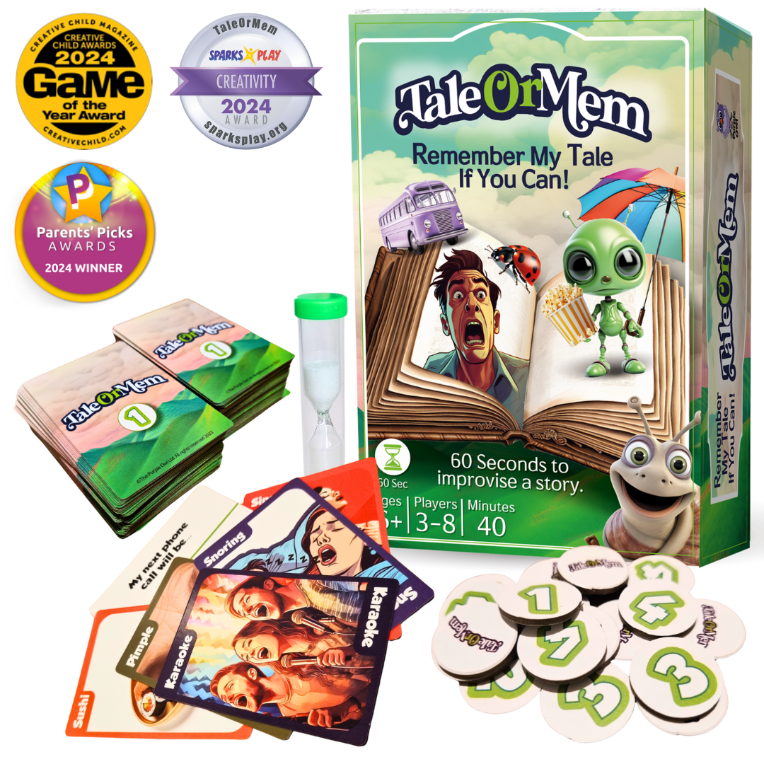 TaleOrMem game won 3 awards - Parent's Picks award, Creative Child Magazine Game of The Year, and Spark Play Creativity award. TaleOrMem game comes with 180 word cards, 60 story-starters, 60 seconds hourglass, and 24 tokens for bonus points.